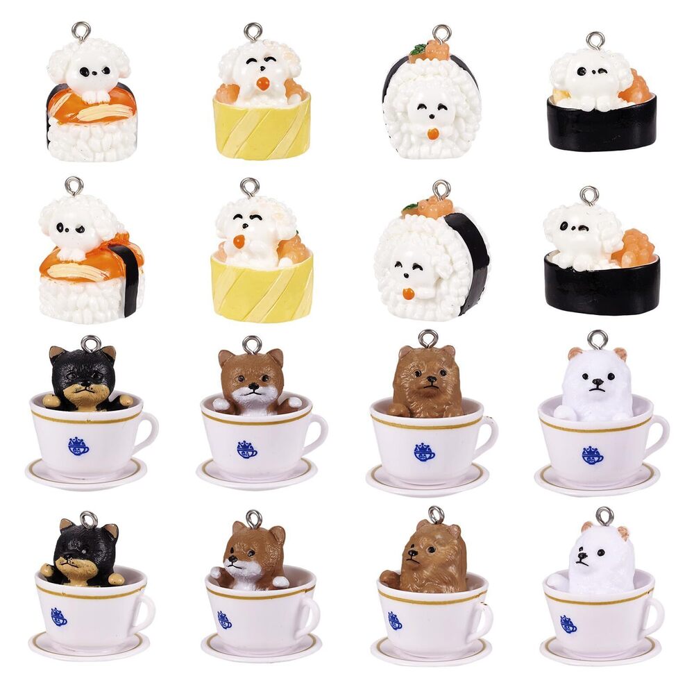 1291 16 PCS Resin Dog Charms Cartoon Tea Cup Sushi Dog Pendant Lovely 3D